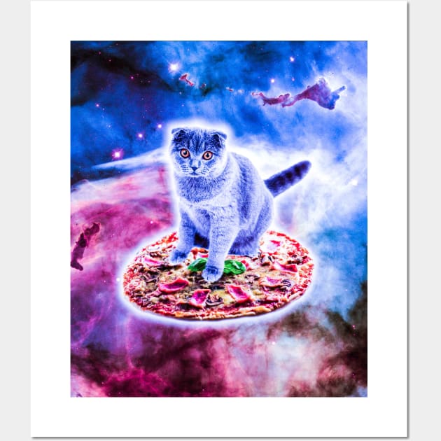 Galaxy Kitty Cat Riding Pizza In Space Wall Art by Random Galaxy